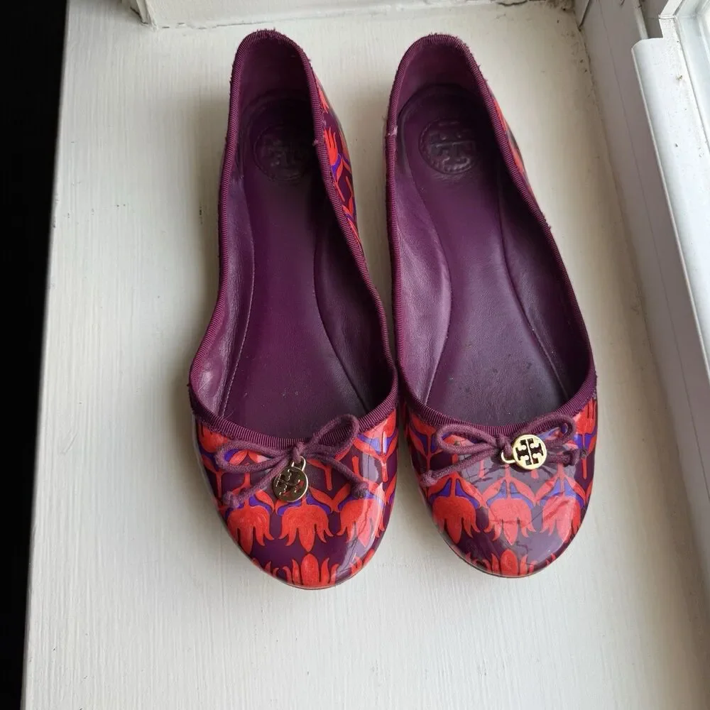 Tory Burch Purple Red Patent Leather Floral Ballerina Flats Womens Sz 8.5